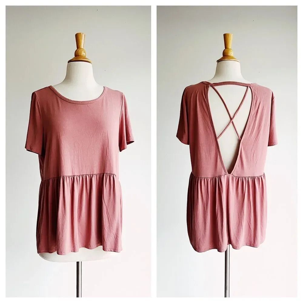 ROKOKO Rose Jersey Knit Strappy Back Peplum Shirt Small